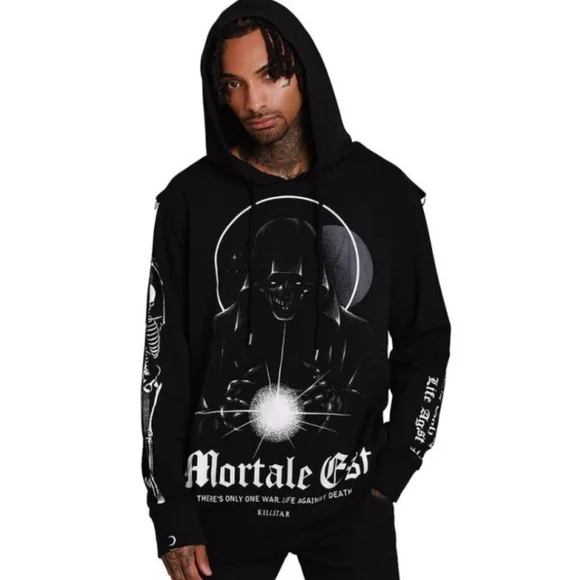 Killstar ✦ Mortale Hoodie ✦ XS Unisex Black Cotton Pullover Graphic Sleeves NWT